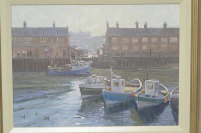 Lot 1035 - Douglas Gray (b.1965)  "Cobbles, Scarborough Harbour " Signed, inscribed verso, oil on board,...