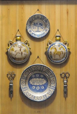 Lot 1038 - Charles John Harrison RA (b.1945) Trompe L'Oeil of Talavera pottery and antique scissor...