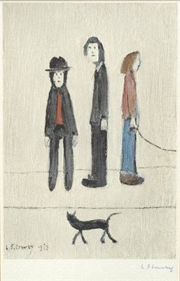 Lot 1056 - After Laurence Stephen Lowry RA (1887-1976)  "Three Men and a Cat " Signed in biro, with Fine...