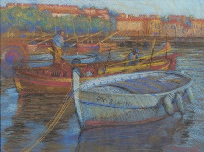 Lot 1061 - John Mackie (b.1955)  "Provence ",  harbour scene with figures and fishing boats Signed and...