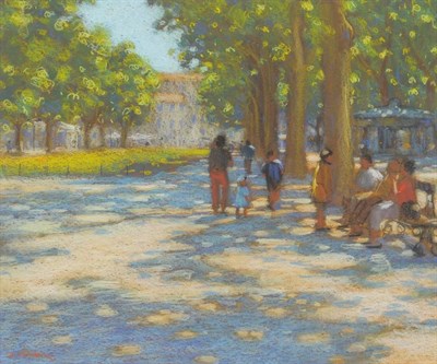 Lot 1062 - John Mackie (b.1955)  "Provence ", sunlit avenue with figures and children Signed, pastel...