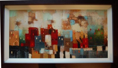 Lot 1065 - John Milan (b.1968) Abstract cityscape Acrylic on board, 44cm by 89.5cm