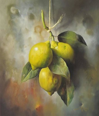 Lot 1083 - Jose Manuel Reyes (b.1963) Spanish Still life of lemons Signed, oil on board, 44.5cm by 36.5cm