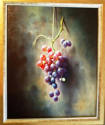 Lot 1084 - Jose Manuel Reyes (b.1963) Spanish  Still life of grapes Signed, oil on board, 44cm by 36cm