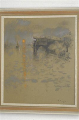 Lot 1085 - Harold Riley (b.1934)  Canal scene at dusk with shipping beside an old bridge Signed and dated...