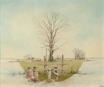 Lot 1096 - Neil Simone (b.1947) Milk churns by a stile,  Signed, oil on board, 75.5cm by 90cm