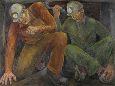 Lot 1097 - Derek Slater (20th/21st century)  Two miners working underground Signed, oil on canvas, 91.5cm...