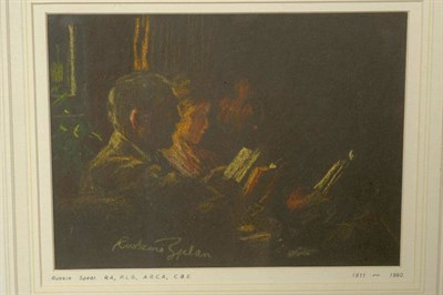 Lot 1099 - Ruskin Spear RA, PLG, ARCA(Lond) (1911-1990) Interior scene with figures reading by lamplight...