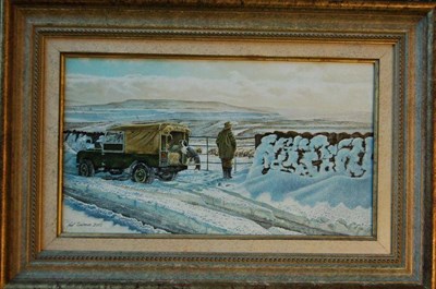 Lot 1100 - Neil Spilman (b.1951) Winter landscape with farmer, collie and Landrover Signed, oil on canvas,...