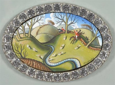 Lot 1109 - Jonathan Armigel Wade (b.1960)   "Crossing the Brook " Signed, inscribed verso, oil on board, oval