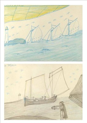 Lot 1110 - Alfred Wallis (1855-1942)  Three yachts passing a lighthouse and dolphins (and Ship with five...