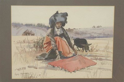 Lot 1118 - Lucy M. Wiles (1920-2008) Young black girl kneeling in a field, a pig nearby Signed, pencil and...