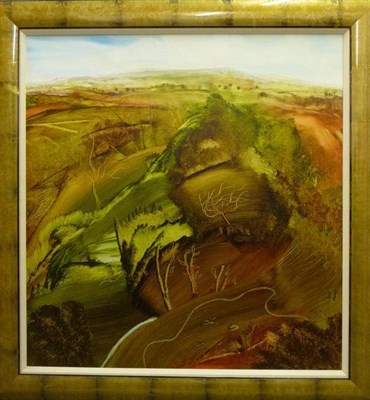 Lot 1121 - Christopher Wood (b.1962) Wooded valley with hills beyond Signed with the artist's initials and...