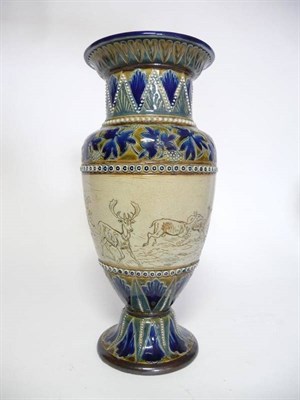 Lot 1146 - A Doulton Lambeth Stoneware Vase, by Hannah B Barlow, incised with stags and doe, within...