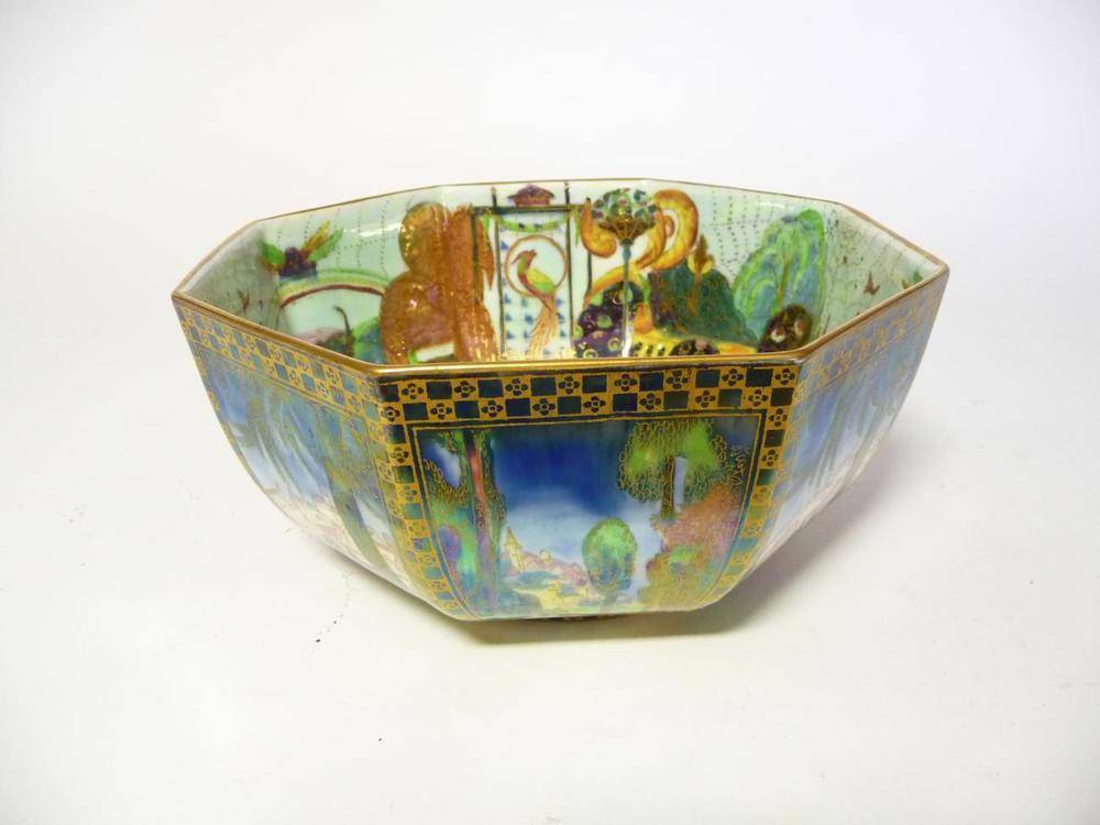 Lot 1160 - A Wedgwood Fairyland Lustre Castle on a Road and Bird in a Hoop Pattern Octagon Bowl, circa...