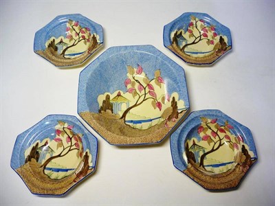 Lot 1164 - A Clarice Cliff Bizarre Blue Japan Pattern Dessert Set, comprising octagonal bowl and four side...