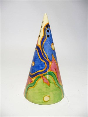 Lot 1165 - A Clarice Cliff Blue Chinz Pattern Conical Sugar Sifter, printed factory marks, 14cm