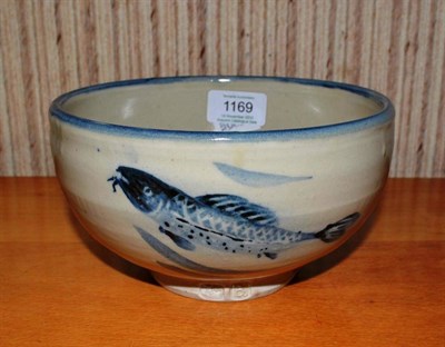 Lot 1169 - Jim Malone (b.1946): A Porcelain Bowl, painted in blue with fish, impressed JM and Burnby...