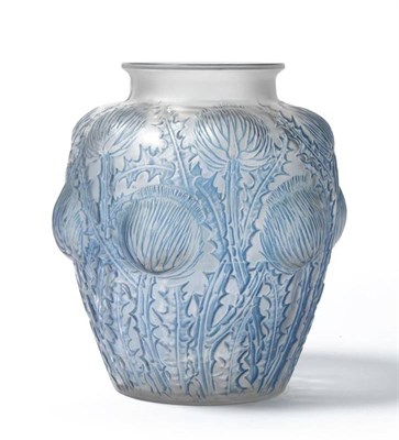 Lot 1176 - A René Lalique Domremy Frosted and Blue Stained No.979 Glass Vase, ovoid form with short...