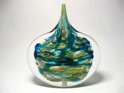 Lot 1184 - An Isle of Wight Studio Glass Blue Fish/Lollipop Vase, by Timothy Harris, signed Timothy Harris...