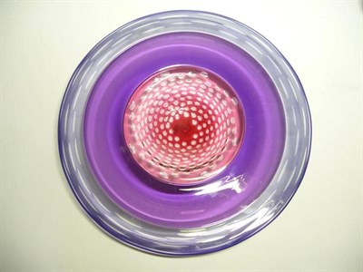 Lot 1185 - A Modern Stuart Akroyd Glass Bowl, banded in blue, purple, and pink with bubble cut decoration,...