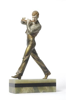 Lot 1187 - Johann Philipp Ferdinand Preiss (German 1882-1943):  "Flute Player ", A Cold Painted Bronze and...