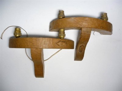 Lot 1231 - A Pair of Robert  "Mouseman " Thompson Oak Double Wall Light Brackets, semi-circular design...