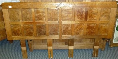 Lot 1233 - A Robert  "Mouseman " Thompson Burr Oak 6' Headboard, circa 1930's, with carved mouse...