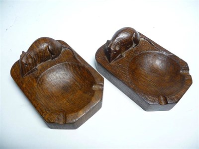 Lot 1239 - Two Robert  "Mouseman " Thompson Oak Ashtrays, of standard rectangular form, with carved mouse...