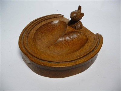 Lot 1266 - A Bob  "Wrenman " Hunter Oak Horseshoe Pin Dish, with carved wren signature, 17cm by 18cm, 9cm