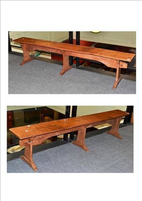 Lot 1267 - A Pair of Malcolm  "Foxman " Pipes Oak 7' Benches, on three shaped supports joined by a...