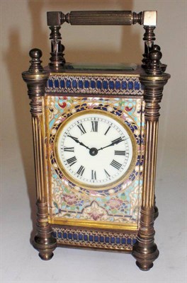 Lot 1315 - A Gilt Brass and Champleve Enamel Carriage Timepiece, circa 1900, with carrying handle, enamel dial