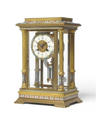 Lot 1323 - A Gilt Brass Champleve Enamel Striking Mantel Clock, circa 1890, with four bevelled glass...