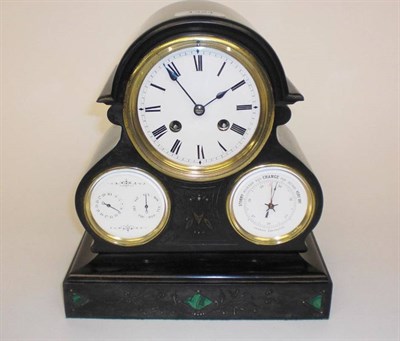 Lot 1324 - A Small Black Slate Striking Mantel Clock Combined with Calendars and Aneroid Barometer, circa...