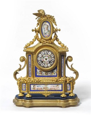 Lot 1334 - A French Gilt Metal and Porcelain Mounted Striking Mantel Clock, circa 1890, with blue ground...