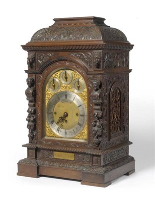 Lot 1357 - An Oak Chiming Table Clock, signed Russells Ltd, 18 Church St, Liverpool, circa 1890, the elaborate