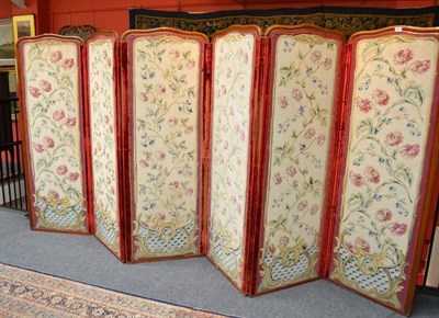 Lot 1418 - A Late 19th Century Six Panel Aubusson Screen Central France Each panel set in a moulded walnut...