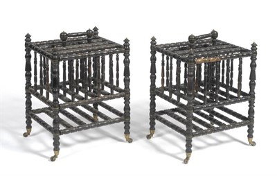 Lot 1489 - A Pair of Regency Ebony and Brass Strung Canterburies, 2nd quarter 19th century, each with a turned