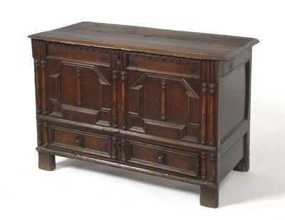 Lot 1575 - A Late 17th Century Joined Oak Chest, with hinged lid above geometric moulded panels with...