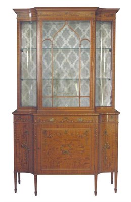 Lot 1596 - An Edwardian Satinwood and Polychrome Painted Display Cabinet, circa 1900, of breakfront form,...