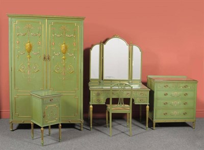 Lot 1597 - An Early 20th Century Green, Polychrome Painted and Parcel Gilt Wardrobe, with egg and dart moulded