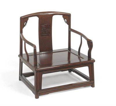 Lot 1630 - A Chinese Ming Style Hardwood Southern Official Hat Armchair, the curved top rail above carved...