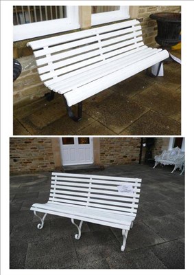 Lot 1442H - A Regency Style Painted Garden Bench, with wooden slats on scroll end metal supports, 181cm...