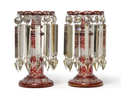 Lot 1 - A Pair of Ruby Overlay Clear Glass Lustres, circa 1860, the shallow dished tops with arcaded...