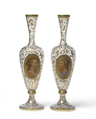 Lot 3 - A Pair of Bohemian Glass Vases, circa 1870, of slender baluster form with trumpet necks,...
