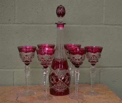 Lot 4 - A Cranberry Flashed Glass Decanter and Stopper and Six Matching Glasses, late 19th century, the...