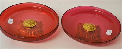 Lot 5 - A Pair of Gilt Metal Mounted Cranberry Glass Tazzas, 19th century, of circular form with...