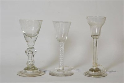 Lot 8 - A Wine Glass, circa 1740, the funnel bowl with basal air tear, on a baluster stem with air tear and