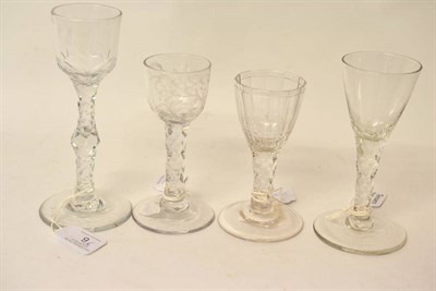 Lot 9 - A Wine Glass, circa 1780, with ogee shaped bowl and faceted knopped stem on plain conical foot,...