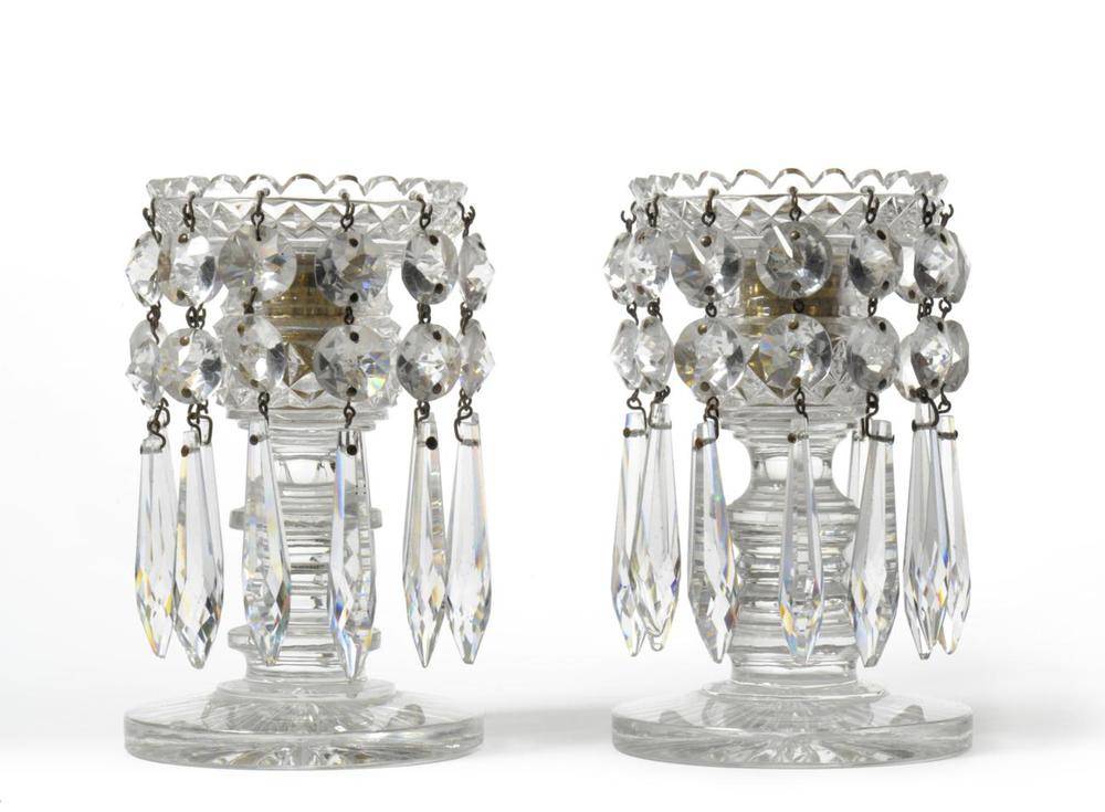 Lot 15 - A Pair of Cut Glass Lustres, early 19th century, the diamond cut dished tops hung with faceted...